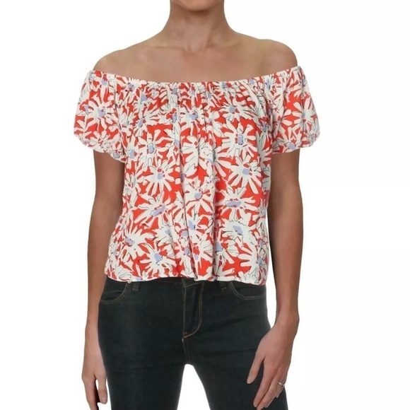 21. Aqua Womens Size Medium Floral Print Off the Shoulder Blouse in Red White XS - Picture 1 of 7